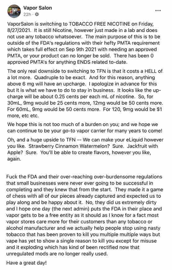 PMTA被拒，电子烟公司开始使用合成尼古丁钻漏